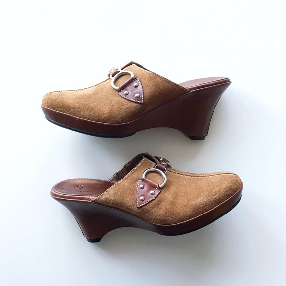 Cole Haan Shoes - Cole Haan Camel Suede Wedge Clogs/ Mules